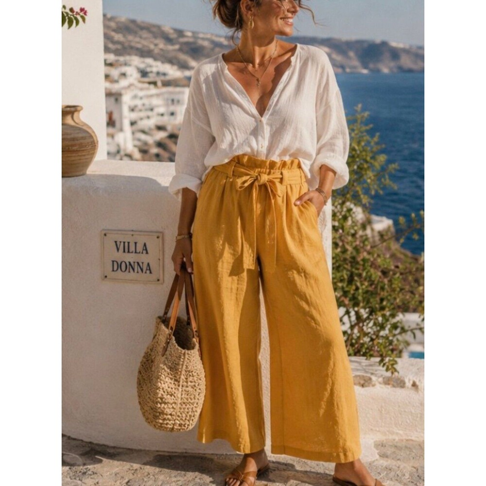 Wide Leg Cotton Tie High Waist Pants 1X Marigold Bow Whimsical Italian Summer